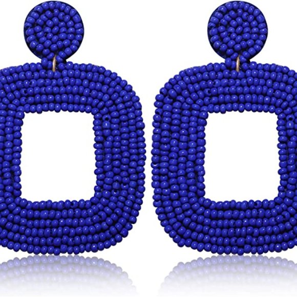 Oversized Royal Blue Handmade Beaded Dangle Earrings Post New Handcrafted Bogo - Picture 3 of 5